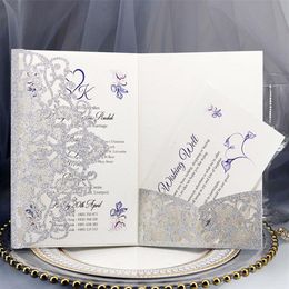Tarjetas de felicitación 10 unids / set Tarjeta de invitaciones de boda con corte láser Elegante favor de encaje Rosa Oro Plata Fiesta de negocios Decoración Suministros 304q