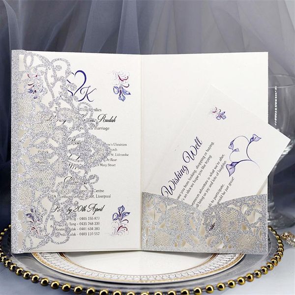 Tarjetas de felicitación 10pcs / set Laser Cut Invitaciones de boda Tarjeta Elegante Encaje Favor Rose Gold Silver Business Party Decor Supplies293Y