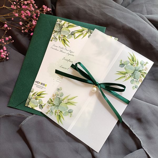 Cartes de voeux 10X Invitations de mariage en vélin d'eucalyptus avec enveloppe verte Cartes transparentes pour la fête d'anniversaire de douche nuptiale 230317