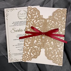 Cartes de voeux 10X Invitations de mariage à paillettes d'or rose avec strass et enveloppe Invitations spéciales pour Quinceanera Sweet 16 Party 230317