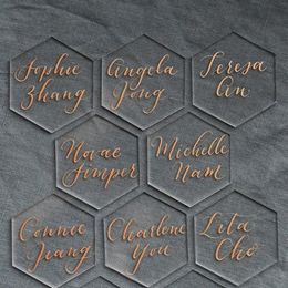 Cartes de voeux 20pcs Clear Acrylique Hexagon Blank Place Feuille de coupe au laser Tuiles unies Décoration de mariage pour numéros de table Nom d'invité 355N