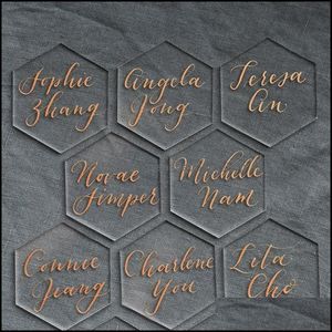 Tarjetas de felicitación 20 piezas Hexágono de acrílico transparente Lugar en blanco Hoja de corte por láser Azulejos lisos Decoración de boda para números de mesa Nombre del invitado Drop Deli