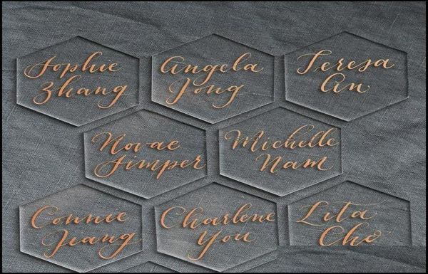 Cartes de voeux 20pcs acrylique claire hexagone vide place laser coupe carreaux simples décoration de mariage pour les numéros de table nom de l'invité 6781126