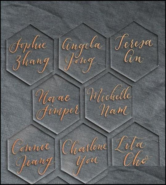 Cartes de voeux 20pcs acrylique claire hexagone vierge placer laser coupe carreaux simples décoration de mariage pour les numéros de table Nom d'invité 3228951