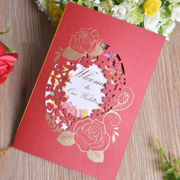 Cartes de vœux 20 pcs/lot échantillon rouge creux fleur découpé au laser carte d'invitation de mariage merci fête d'anniversaire fournitures de voeux