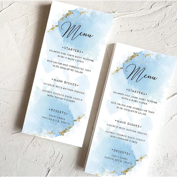 Cartes de voeux 30pcs personnalisé exquise table de fête plaque carte banquet programme calendrier liste bleu faveurs de mariage pour les invités personnalisés 231202