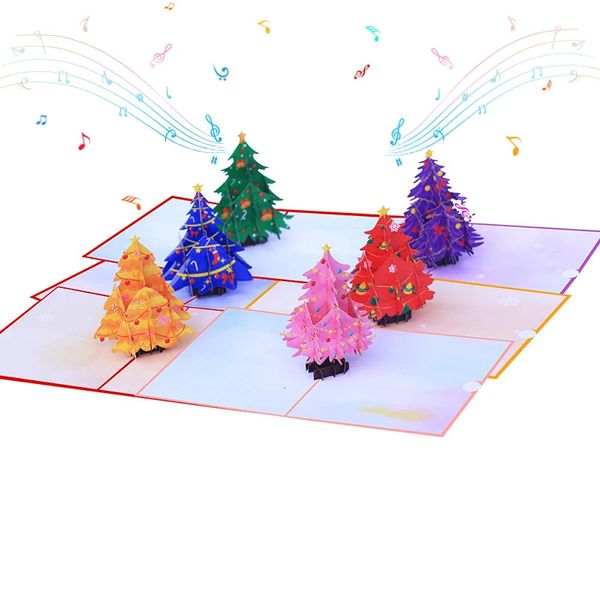 Cartes de voeux Carte pop-up d'arbre de Noël 3D avec module de musique d'éclairage LED Enveloppe de découpe laser Chapeau de Père Noël Cadeau de Noël 231110