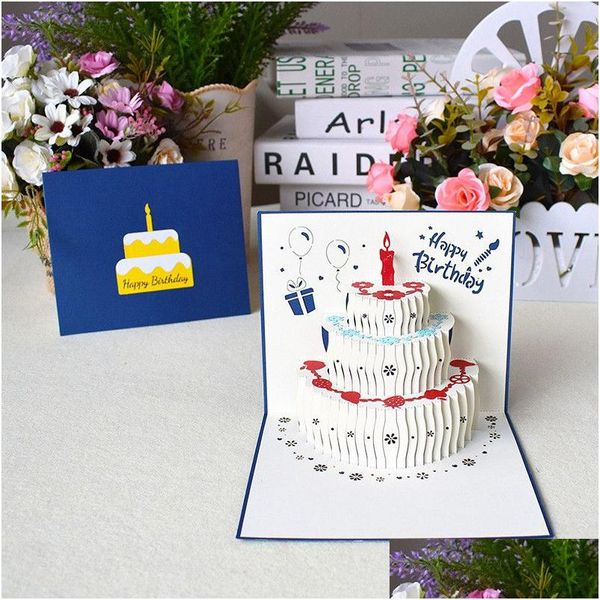 Cartes de voeux 3D Pop Up Gâteau d'anniversaire Joyeux Carte-cadeau Cartes postales avec enveloppe 3 couleurs Drop Livraison Maison Jardin Fête Fête Supp DHR13