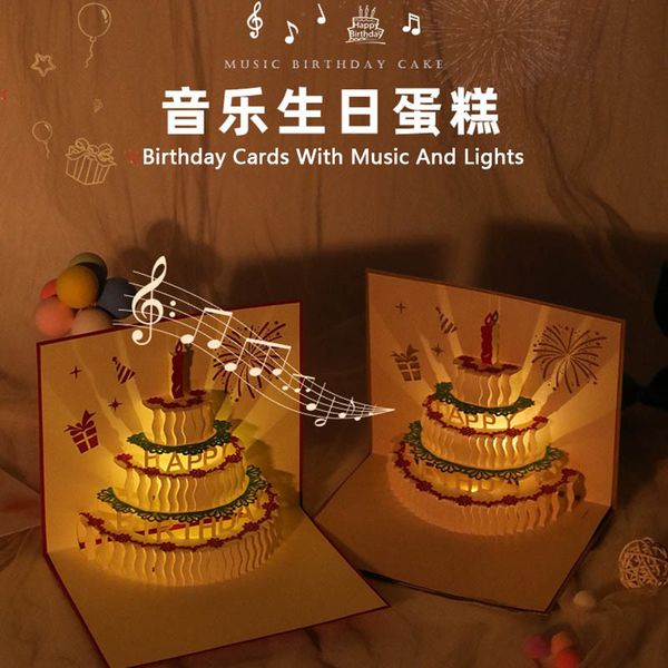 Cartes de voeux 3D Pop Up Cartes de voeux d'anniversaire Lecture automatique Musique Lumière LED chaude Carte de gâteau d'anniversaire Cadeaux pour maman femme soeur garçon fille amis 230923