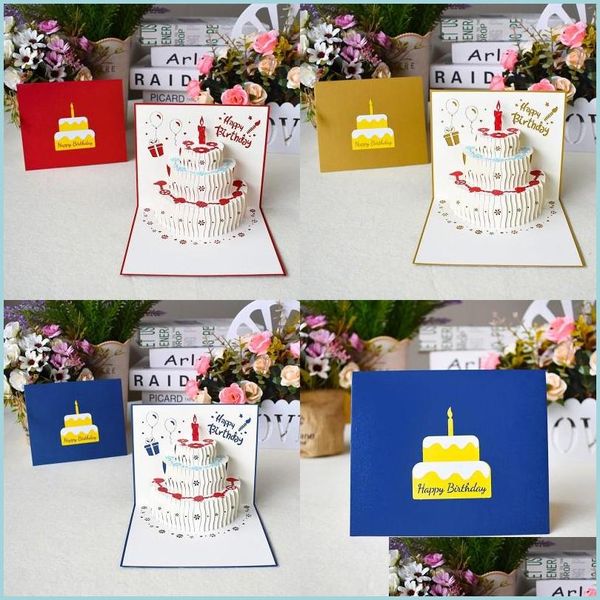 Cartes De Voeux 3D Pop Up Joyeux Anniversaire Découpé Au Laser Gâteau De Fruits En Forme De Cartes Postales Cadeaux Carte Avec Enveloppe Autocollants Drop Delivery Accueil G Dhyv8