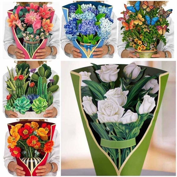 Tarjetas de felicitación 3D Pop-up Bouquet Forever Rose / Lily / Sunflower / Tulip Flores de papel Floración tropical para cumpleaños Aniversario Boda Tarjeta de felicitación 230607