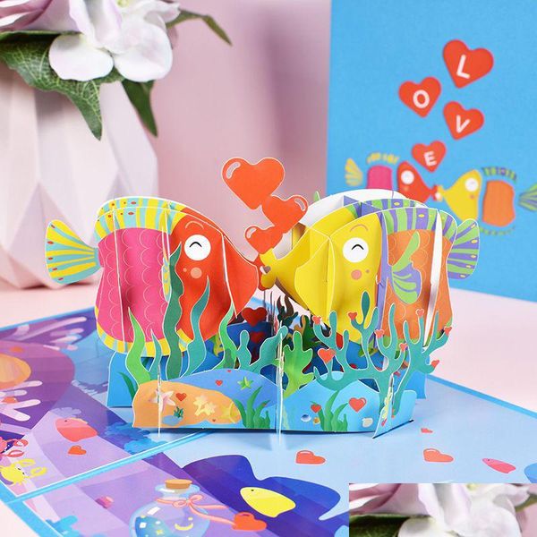 Cartes de voeux 3D Valentine Card Pop Up Kissed Fish Shaped With Envelope Festival Supplies Drop Delivery Home Garden Festive Party Ev Dhvqp