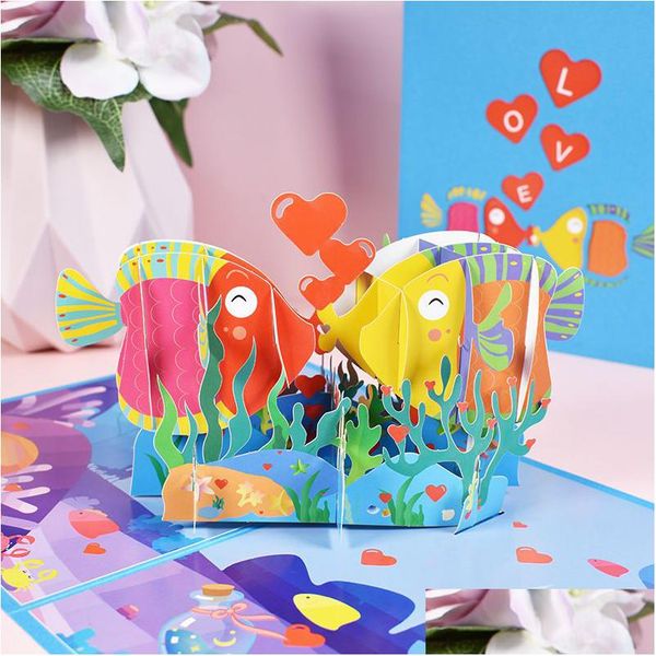 Cartes de voeux 3D Valentine Card Pop Up Kissed Fish Shaped With Envelope Festival Supplies Drop Delivery Home Garden Festive Party Ev Dhlmh