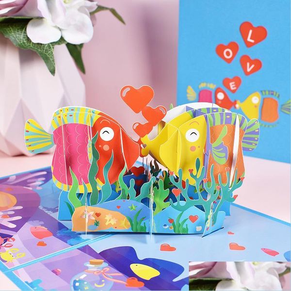 Cartes De Voeux 3D Valentine Carte De Voeux Pop Up Poisson Embrassé En Forme Avec Enveloppe Festival Fournitures Drop Delivery Home Garden Festiv Dhezg