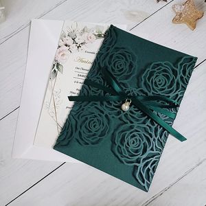 Cartes de vœux 50pc vert armée carte d'invitation de mariage personnalisée découpée au laser invitations de mariage rose avec insert imprimable et enveloppe 231110