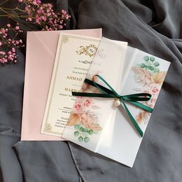Wenskaarten 50 pc boho vellum wrap voor bruiloft Invitaton -kaarten met parel en lint diy aangepaste print wenskaarten voor bruidsdouche 230317