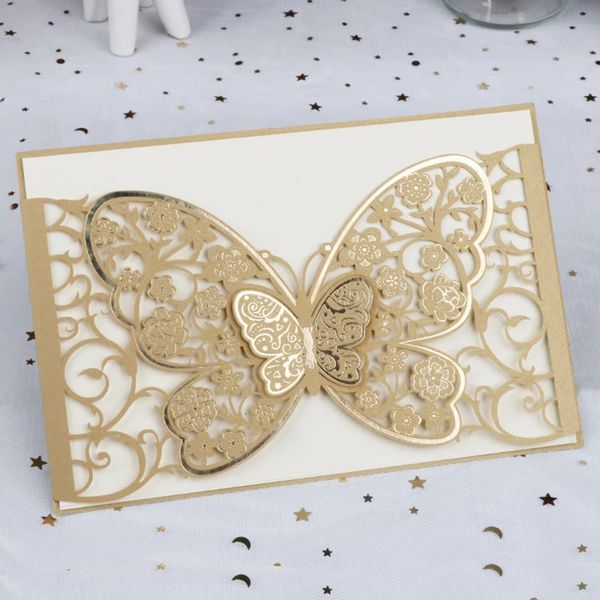 Cartes de vœux 50pcs papillon découpé au Laser carte d'invitation de mariage impression carte de voeux d'affaires personnalisé faveurs de fête décoration de mariage 231202