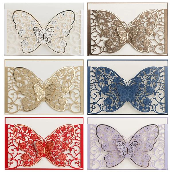 Cartes de voeux 50pcs papillon découpé au laser carte d'invitation de mariage couvre fête carte postale décoration de fiançailles d'affaires 231110