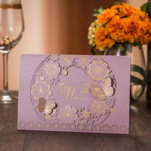 Cartes de voeux 50 pcs/pack violet carte d'invitation à un événement de fête de mariage romantique fleurs bronzantes avec enveloppe page intérieure vierge