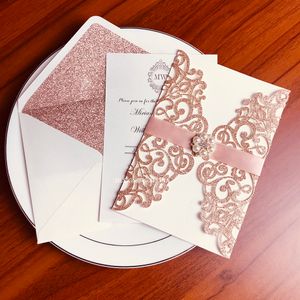 Cartes de vœux 50x Invitations à paillettes d'or rose pour fête de mariage Floral Or Argent Rouge Champagne Invitations de douche nuptiale avec strass Gree 230317