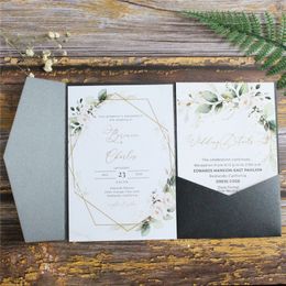 Wenskaarten Black Wedding Uitnodigingskaart Tri-Fold Pocket Shimmer Country Party Nodigt Gepersonaliseerd Ontwerp Multi Kleuren 230731