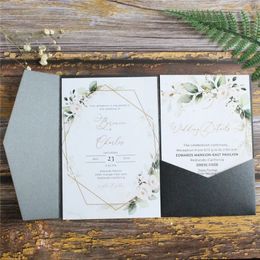 Cartes de voeux Carte d'invitation de mariage noire Tri-Fold Pocket Shimmer Country Party Invite Design personnalisé Multi Couleurs 231102