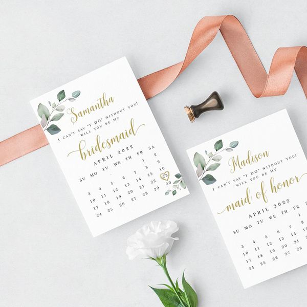 Cartes de voeux Calendrier Cartes de proposition de demoiselle d'honneur Cartes entièrement personnalisables Mariage Save the Date Leaves Cartes de mariage DIY 230317