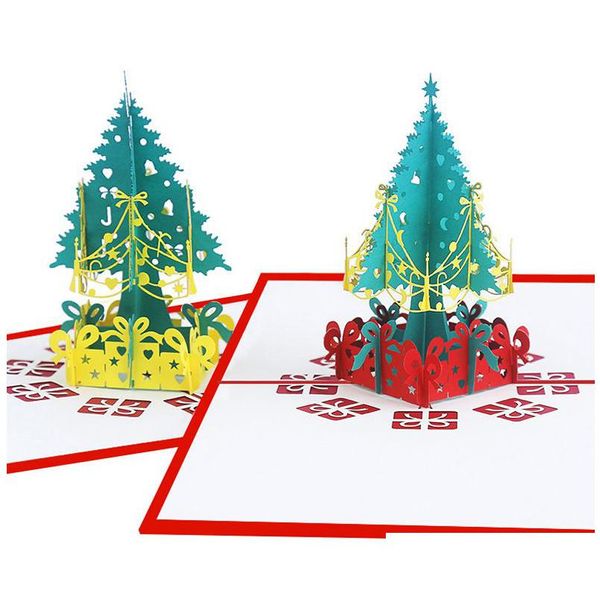 Tarjetas de felicitación Árbol de Navidad 3D Pop Up Gold Red Trees Feliz Navidad Hecho a mano Holiday Drop Delivery Home Garden Suministros festivos para fiestas E Dhec7