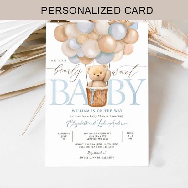 Tarjetas de felicitación Osito de peluche personalizado, globo, osos, regalo para bebé con tema, nos invitará a esperar la tarjeta de invitación 231110