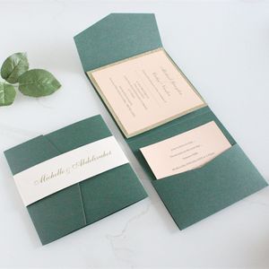 Cartes de Voeux Vert Foncé et Rose Blush Détaillé Invitation de Mariage Anniversaire de Poche avec RSVP Impression Personnalisée Papier 250G 50 Pcs 230615