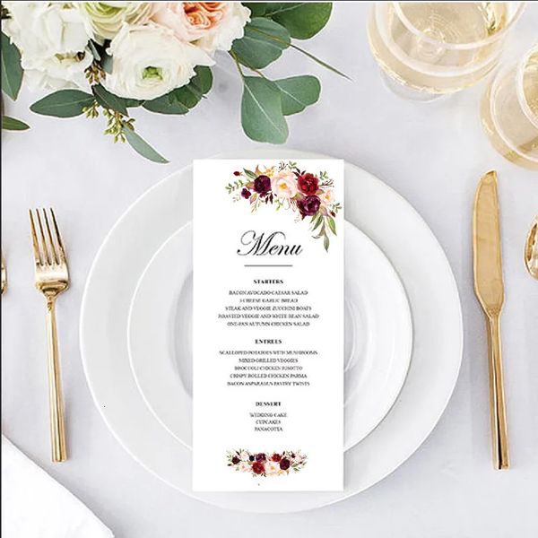 Cartes de vœux Décoration d'assiette de dîner 50pcs Cartes de menu de mariage personnalisées Papier perlé Nom personnel Date Vin Rouge Flara Motif N'importe quelle langue 231102