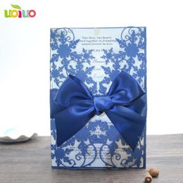Cartes de voeux DIY Customzied Inc191 Europe Invitations de mariage Carte Bleu Marine Snowflower Invitation Tied Bow Print Insert Enveloppe