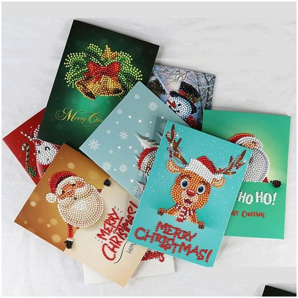 Cartes De Voeux Perceuses Diamant Peinture 5D Dessin Animé Spécial De Noël Cartes Postales D'anniversaire Diy Enfants Festival Broderie Saluer Cadeau Drop Dhtzd