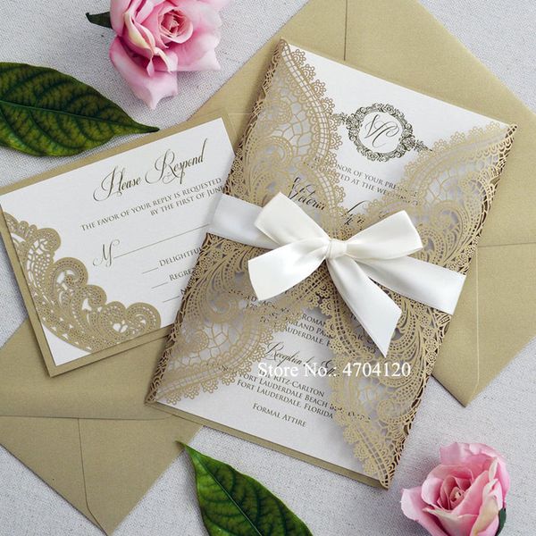 Cartes de voeux Cartes de mariage élégantes Or Blanc Bourgogne Ivoire Dentelle Invitations d'impression personnalisées pour les douches nuptiales Anniversaire Faveurs de fête 230317