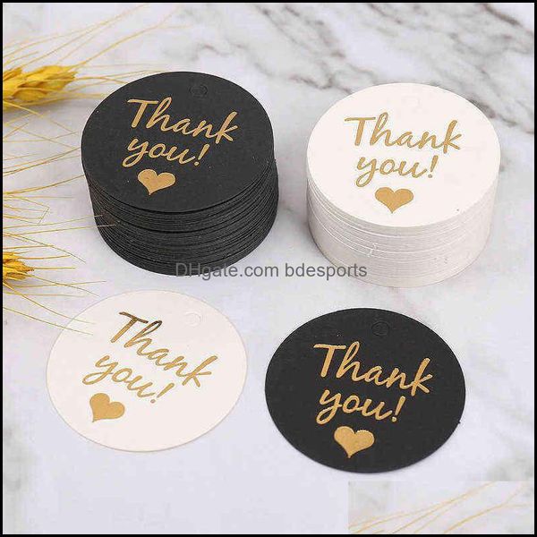 Cartes de vœux Fournitures de fête d'événement Festive Home Garden 100pcs 4,5 cm Étiquettes rondes Merci Cadeau Étiquette volante Papier blanc noir DIY Candy Cookie