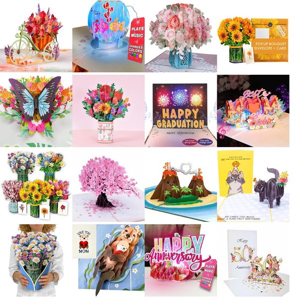 Cartes de voeux Papier fraîchement coupé Pop Up 12 pouces Bouquet de fleurs grandeur nature Popup 3D avec carte de correspondance et livraison de goutte d'enveloppe Ambl4