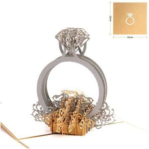 Wenskaarten Goud Lasergesneden 3D Ring Pop-up Trouwkaarten Romantisch Handgemaakt Valentijnsdag Voor Minnaar Briefkaart Cadeaukaart Drop Dhtqh