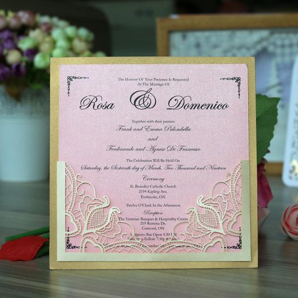 Tarjetas De Felicitación Invitaciones De Boda Cortadas Con Láser Doradas Invitación De Encaje Romántica Con Inserto Rosa - Juego De 50 Piezas