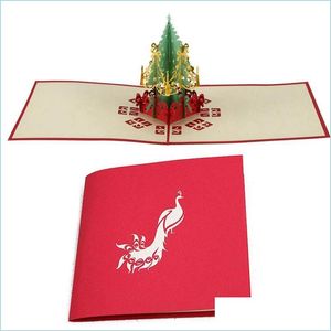 Wenskaarten wenskaarten 2 pc's 3d gesneden -papier handgemaakte geschenken souvenirs ansichtkaarten vrolijke kerstboom pauw drop levering dhxie