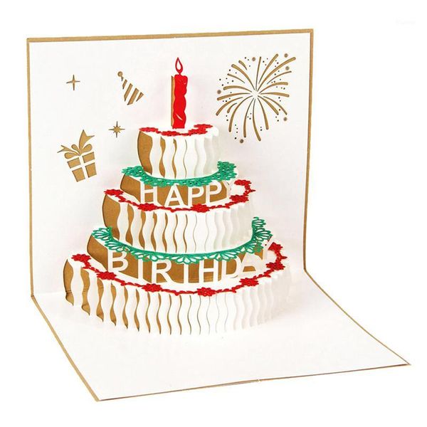 Cartes de voeux joyeux anniversaire carte postale cadeau papier 3D fait à la main découpé au Laser gâteau Vintage avec enveloppe or1