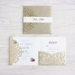 Cartes de voeux Ensemble d'invitation de mariage d'or de luxe avec enveloppe RSVP Bande de ventre TriFold Pocket Invite Supply Free Ship 230824