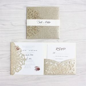 Cartes de voeux Ensemble d'invitation de mariage d'or de luxe avec enveloppe RSVP Bande de ventre Tri-Fold Pocket Invite Supply Free Ship 220930