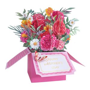 Cartes de vœux Boîte à fleurs rose de maman Carte pop-up Cadeau d'anniversaire de Thanksgiving Oeillets 3D pour maman femme 230411