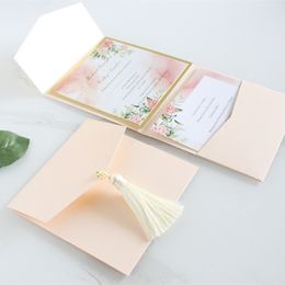 Cartes de voeux Invitations de mariage de poche personnalisées roses nues avec glands or métallique Bordure Inviter Impression RSPV 250g Papier Multi Couleurs 230317