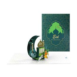 Cartes de voeux Papier Pop Up Carte de fête Eid Mubarak Carte de voeux 3D Château Lune Carte de message avec enveloppes pour Eid Fête religieuse J230225