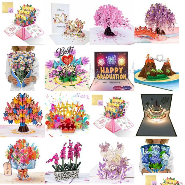 Cartes De Voeux Violet Papillon Anniversaire Pop Up Carte Fleur 3D Cadeau Pour Femmes Femme Fille Fille Fête Des Mères Pensée Dhmfq