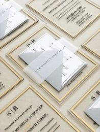 Tarjetas de felicitación Colección The Frame con sobres de tarjetas RSVP con banda para el vientre de vitela personalizada / Invitaciones de boda de acrílico transparente escarchado 100 piezas 231102