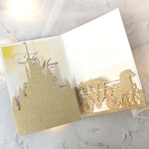 Cartes de voeux Château à thème et chariot Tri Fold Cartes d'invitation de mariage découpées au laser de luxe Fête d'anniversaire Favor Décoration 221110