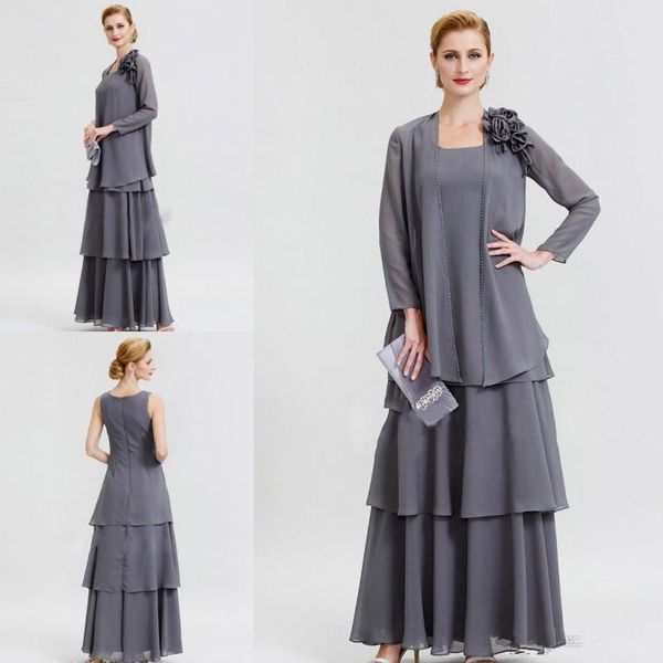 Gris 2019 Mère De La Mariée Robes Avec Veste À Manches Longues Perles Robes De Soirée Robe De Soirée De Mariage Plus La Taille Tulle Tenue De Cérémonie