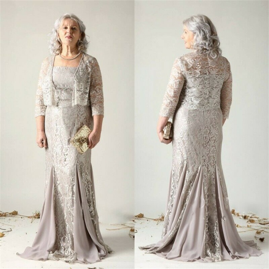 Graue 2021 Mutter der Braut Kleider mit Jacke Spitze applizierte Abendkleider U-Ausschnitt Plus Size Hochzeitsgastkleid